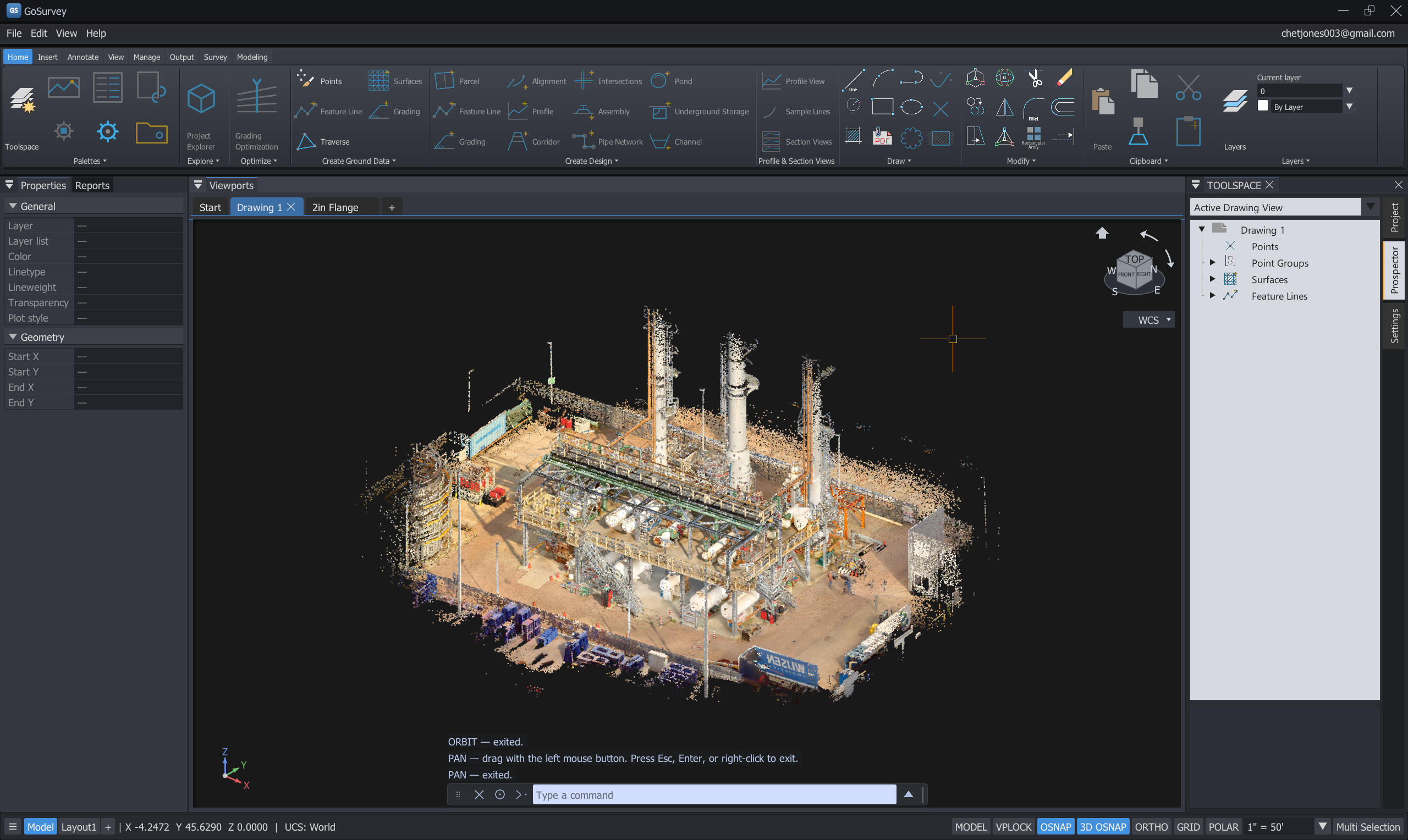 Point cloud displayed with linework in the model view.